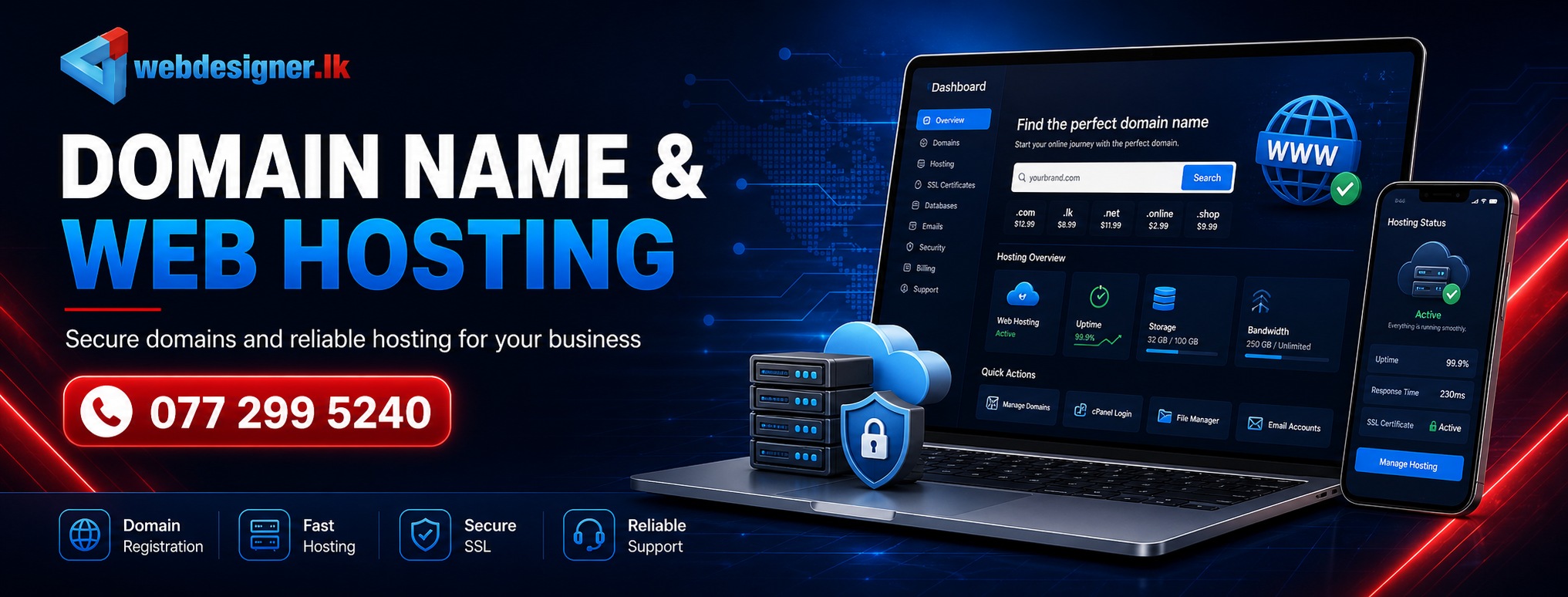 WebDesigner.lk provides domain name and web hosting services for businesses that need reliable website hosting, domain registration, and strong online presence support.